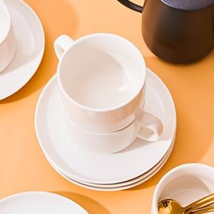 Coffee Cups and Saucers Set of 4 with Stainless Steel Spoons, 8oz Ceramic Cappuccino Cups Set, White Durable Porcelain Cups for Tea, Latte, Mocha