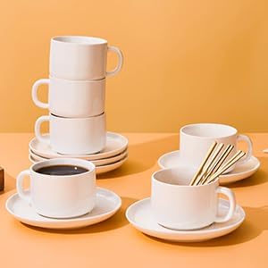 Coffee Cups and Saucers Set of 4 with Stainless Steel Spoons, 8oz Ceramic Cappuccino Cups Set, White Durable Porcelain Cups for Tea, Latte, Mocha