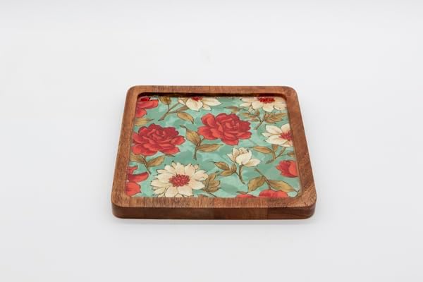 Handcrafted Square Wooden Decorative Tray – Floral Design Wooden Serving Plate, Snack Platter, Candle Bowl & Coffee Table Décor 6 inch x 6 inch x 0.75 inch (Square Floral)