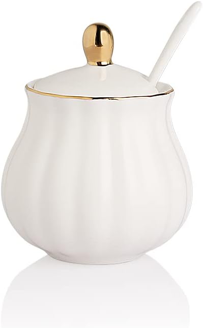 Sweejar Royal Ceramic Sugar Bowl, 8 Ounce Sugar Container with Spoon and Lid, Porcelain Salt Bowl Salt Container, Sugar Holder for Coffee Bar, Home and Kitchen(White)