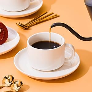 Coffee Cups and Saucers Set of 4 with Stainless Steel Spoons, 8oz Ceramic Cappuccino Cups Set, White Durable Porcelain Cups for Tea, Latte, Mocha