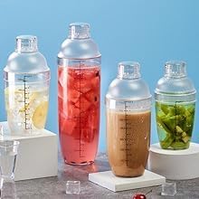 Homestia 3 Pack Plastic Cocktail Shaker with Extra 3 Caps, 700cc / 24 oz Clear Boba Tea Cup Matcha for Milk Wine Coffee Mixing, Bar Tool Hand Drink Mixer w/Scales and Strainer Top Clear Shaker Cup