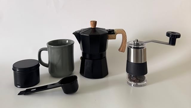 COFFEE BREWING KIT WITH POT, 6 PCS MANUAL, HAND CRANK GRINDER, MEASURING SPOON AND FILTERS, NEW IDEAS PRODUCT, GIFT SET FOR MANUAL COFFEE MAKER