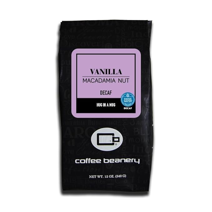 Vanilla Macadamia Nut Flavored Coffee SWP Decaf, Specialty Arabica Coffee, Medium Roast, 12 ounce, Whole Bean