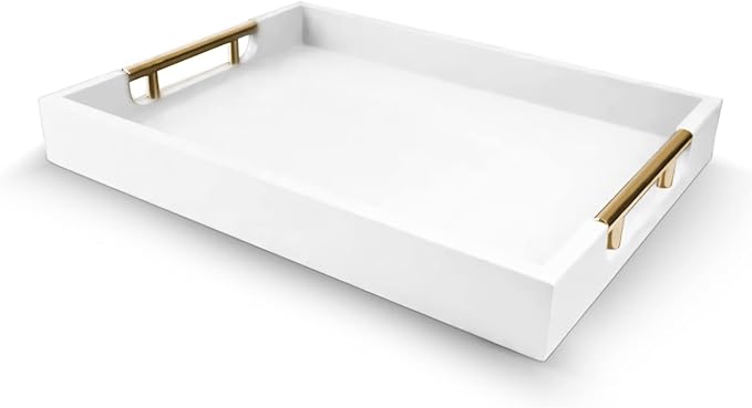 Wooden Decorative Coffee Table Tray, 16" Matte Finish Serving Tray with Handles for Ottoman, Living Room, Perfume, Vanity Dresser Organizer (Ivory White)