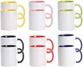 11oz White Ceramic Sublimation Coffee Mug With Solid Colors Inside and Handle, Mixed 6 colors of Black, Red, Blue, Yellow, Green and Pink, Case of 12