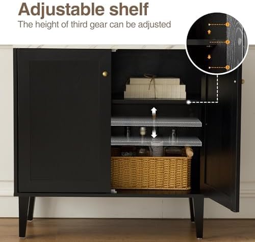 Black Accent Storage Cabinet Modern Freestanding Sideboard Buffet with Faux Marble Top Adjustable Shelves Wood Organizer for Living Room