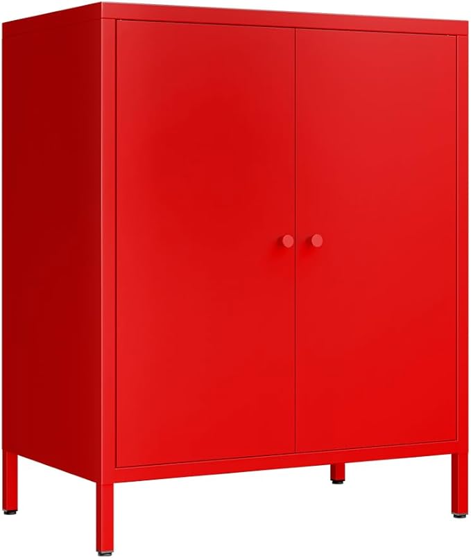 Small 2 Metal Storage Side Buffet Cabinet for Bed Room,Living Room,Entryway,Hallway,Home,Hotel,Office,Garage,Kitchen,1 Removable Shelf. (Metal Door, Red)