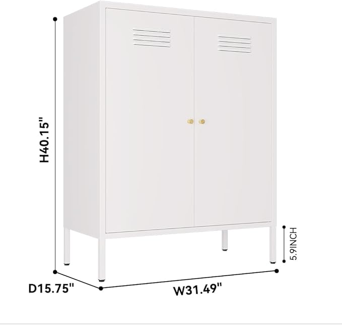 White Metal Storage Cabinet, Kitchen Cupboard with Adjustable Shelves, Side Table Storage with Doors,2 Door Locker Cabinets for Small Home,Office,Kitchen,Dining Room