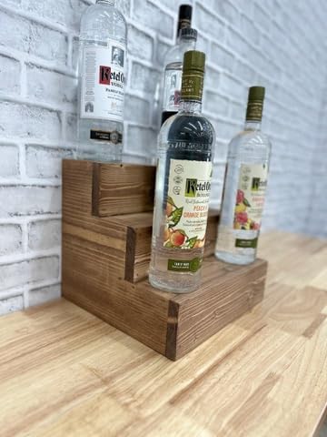 Handmade Tiered Display Shelving - Three Tier Bar Display - Bar Organizer - Liquor Bottle Display (12" with Back, Special Walnut)