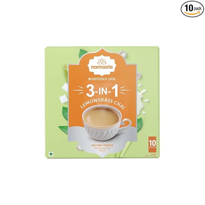 Namaste Chai Lemongrass Tea Powder Sachet | Assam Tea With Milk and Sugar | Instant Premix | 22g x 10 Sachets