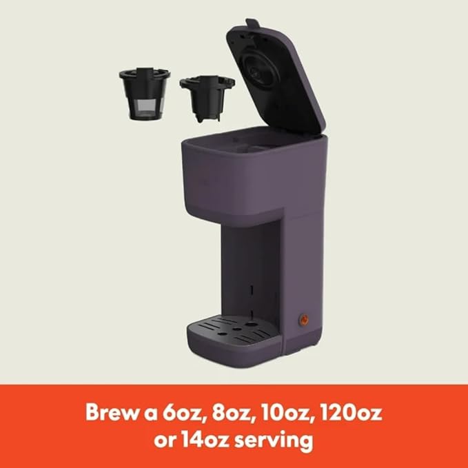 Single-Serve Bella Coffee Maker – Compact 6oz–14oz Brewer for Ground Coffee or Pods, One-Touch Operation, Adjustable Drip Tray, 35oz Water Tank, Travel Mug Friendly, Dishwasher-Safe Parts (Plum)