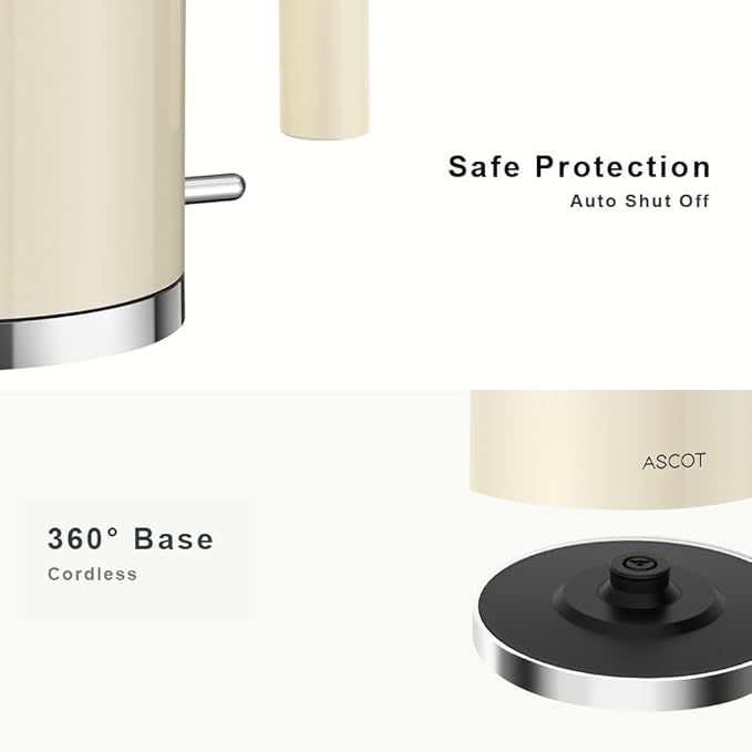 ASCOT Electric Kettle, Electric Tea Kettle 1.6L 1500W Retro Tea Heater & Boiling Water, Auto Shut-Off and Boil-Dry Protection (Cream)