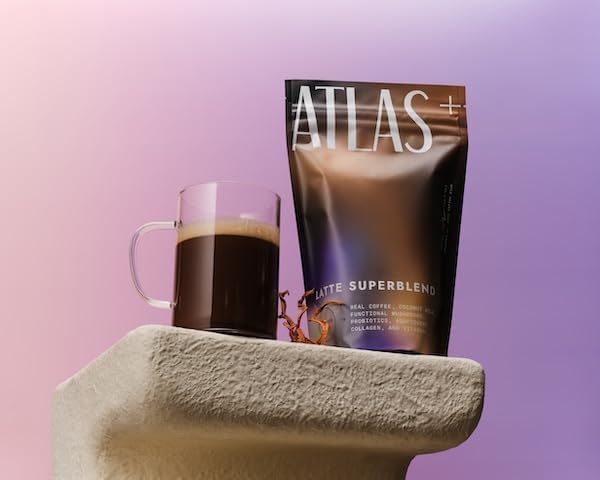 Atlas+ Latte Superblend– Premium Mushroom Coffee with Collagen, Probiotics, D3 & B12, Lion’s Mane, Reishi, Cordyceps, Coconut– for Energy, Focus, Immunity & Gut Health– 20 Servings (1 Bag)