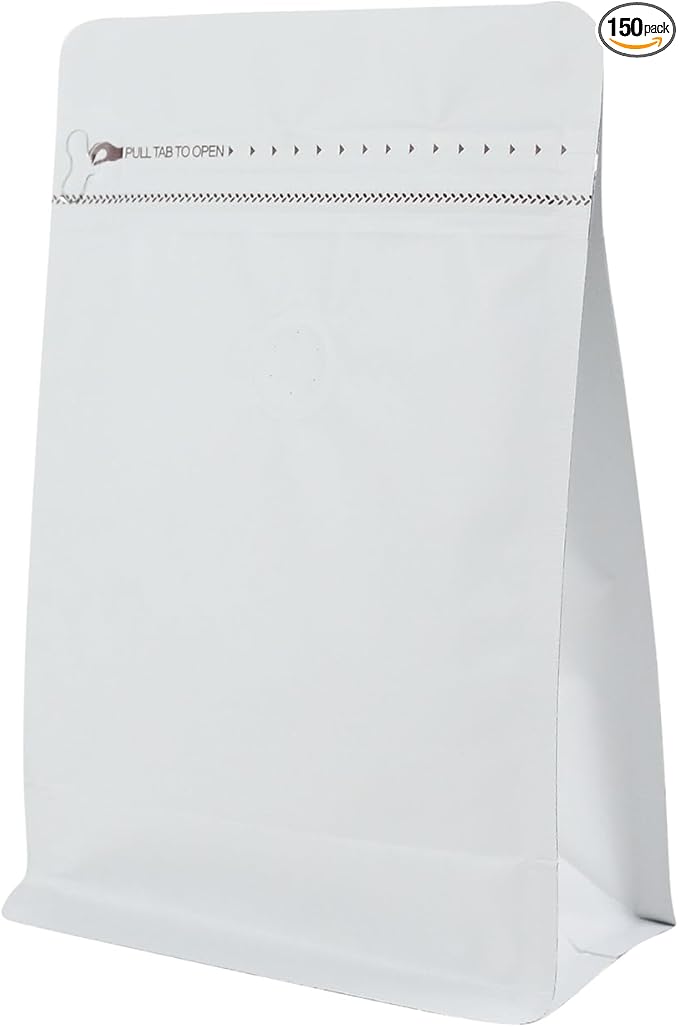 150 Pack High Barrier Stand-Up Coffee Bean Bags with Vented Valve, Matte Metallic, Heat-Sealable and Resealable Solid Color Pouches for Food Storage (6 * 12.8 inch,2 lb,32 oz,White)