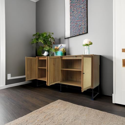 Modern Sideboard, Accent Storage Cabinet with Rattan Doors and Adjustable Shelves, Freestanding Sideboard Storage Cabinet for Kitchen Dining Living Room Hallway Office (Walnut)