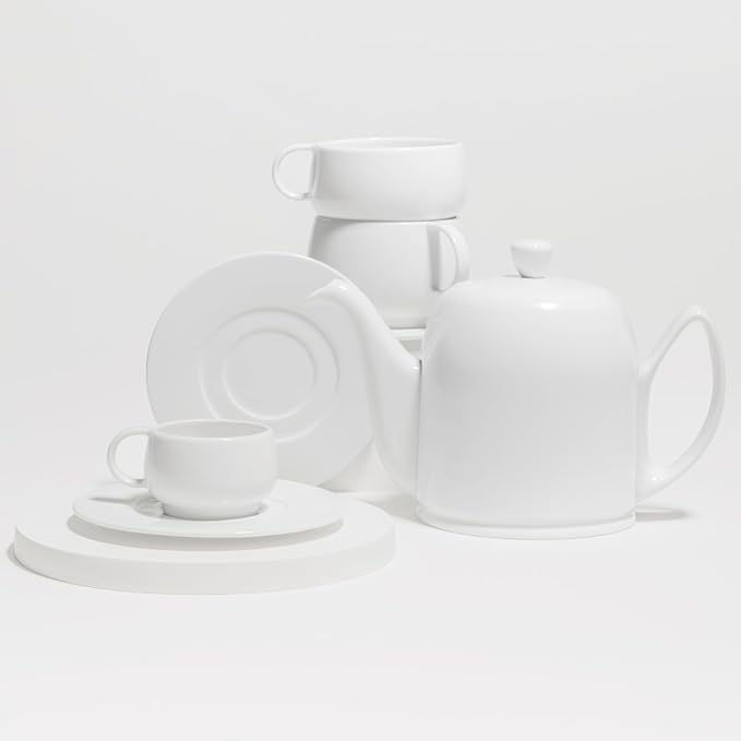 Degrenne Salam Luxury French Tea Pot - Porcelain Teapot with Stainless Steel Cover, Ceramic Tea Kettle for Loose Tea, Removable Infuser, 6 Cup Capacity, 36oz - Monochrome Blue