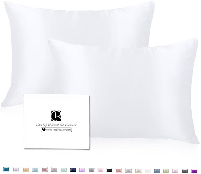 Silk Pillow Cases 2 Pack, Ravmix Both Sides Mulberry Silk Pillowcases Set of 2 Cooling Pillow Cases for Hair and Skin Queen Size with Hidden Zipper, 20 * 30inches, Pure White