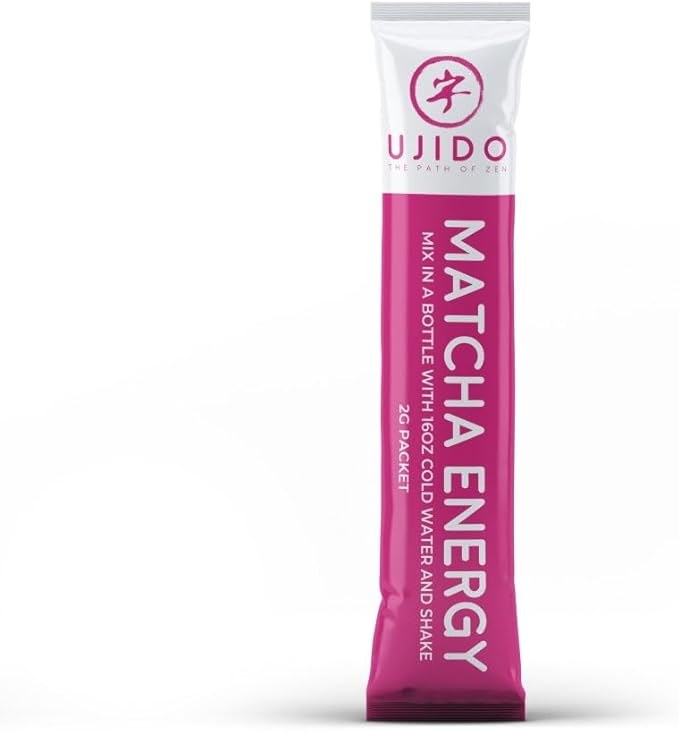 Ujido Matcha Energy Packets, Strawberry Flavor, Sugar-Free, Monkfruit, Non-GMO, Antioxidant, Keto & Vegan, 2g x 15 Count