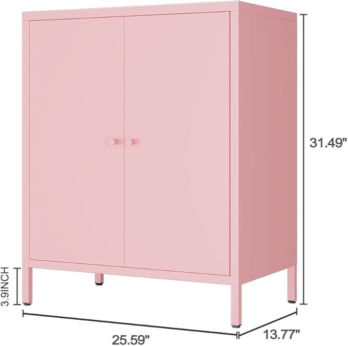Small 2 Metal Storage Side Buffet Cabinet for Bed Room,Living Room,Entryway,Hallway,Home,Hotel,Office,Garage,Kitchen,1 Removable Shelf. (Metal Door, Pink)