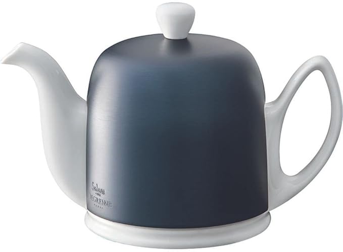 Degrenne Salam Luxury French Tea Pot - Porcelain Teapot with Blue Aluminum Cover, Ceramic Tea Kettle for Loose Tea, Removable Infuser, 4 Cup Capacity, 24oz - Colbalt Blue