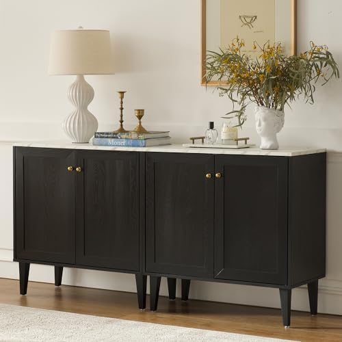 Black Accent Storage Cabinet Modern Freestanding Sideboard Buffet with Faux Marble Top Adjustable Shelves Wood Organizer for Living Room