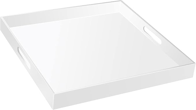 20×20 Inches Oversize Extra Large Sturdy Glossy White Acrylic Serving Tray King Size Decorative Big Ottoman Trays with Cut Out Handles Water Proof Bed Tray Coffee Counter Top Organizer