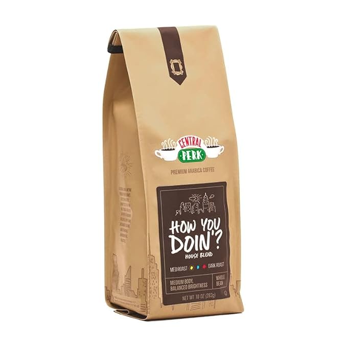 Central Perk Medium Roast Whole Bean Coffee "How You Doin" Blend - 100% Arabica Colombian & Brazilian Coffee Beans with Subtle Chocolate & Honey Notes, Smooth & Medium Body, 10oz Bag