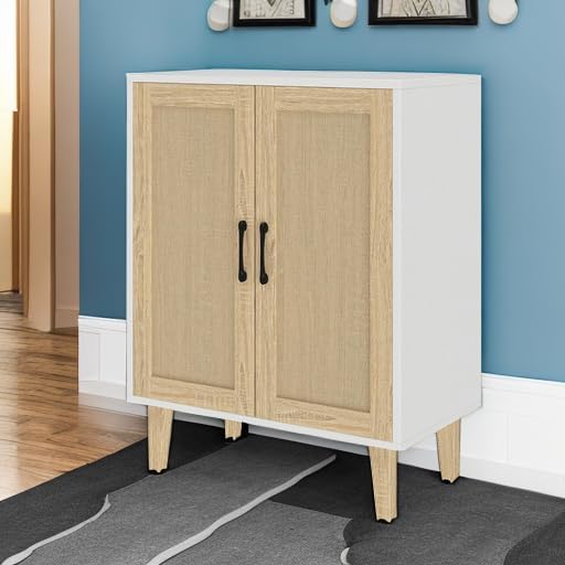 Panana Buffet Cabinet Sideboard with Rattan Decorated Doors Kitchen Storage Cupboard Accent Cabinet (White)