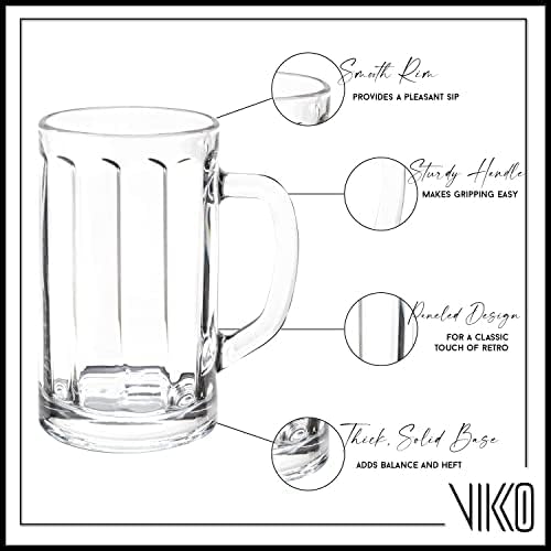 Vikko Beer Mug, Set of 2 Glass Beer Mugs, 13.5 Ounce, Dishwasher Safe Durable Drinking Glass for Craft Brews, Beer or Water