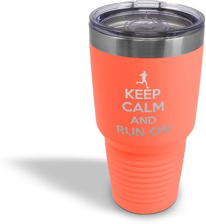 Stainless-Steel Engraved Travel Mug Tumbler 30 Oz Keep Calm and Run on Thermal Coffee Cup Coral