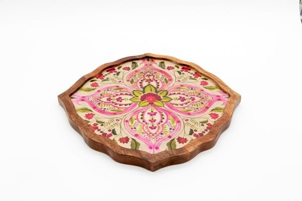 Handcrafted Wooden Decorative Platter – Round Floral Design Wooden Serving Tray, Candle Bowl, Dinner Plate, Trinket Tray & Coffee Table Décor 12 inch x 12 inch x 0.75 inch (Diamond Pink)