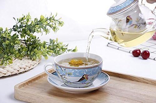 Tea for One Set, Glass Teapot with Porcelain Infuser Strainer and Cup & Saucer- Happy Bird Pattern (Blue)