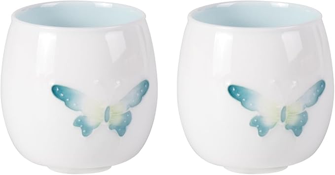 KAMMAK Tea Cup, 2.3oz Small Tea Cups Set of 2, White Porcelain Tea Cups, Ceramic Teacups for Home, Party, Office, Chinese Kungfu Tea Set for Hot/Cold Drink (Blue Butterflies)