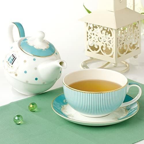 Euro Style Teapot Cup& Saucer Set Art Bone China Ceramic Tea Coffee Cup for Breakfast Home Kitchen (Blue Stripe)
