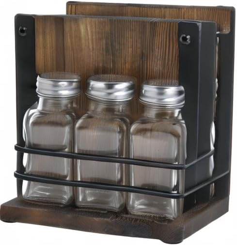 MyGift Napkin Holder with Salt and Pepper Shakers Set, Wood Tabletop Napkin Dispenser with Condiment Organizer and 3 Glass Shakers, Rustic Kitchen Décor