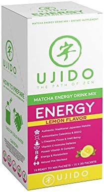 Ujido Matcha Energy Packets, Lemon Flavor, Sugar-Free, Monkfruit, Non-GMO, Antioxidant, Keto & Vegan, 2g x 15 Count