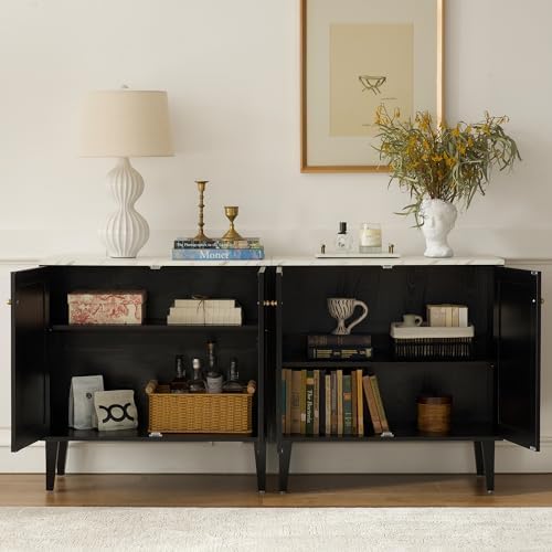Black Accent Storage Cabinet Modern Freestanding Sideboard Buffet with Faux Marble Top Adjustable Shelves Wood Organizer for Living Room