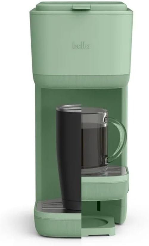 Single-Serve Bella Coffee Maker – Compact 6oz–14oz Brewer for Ground Coffee or Pods, One-Touch Operation, Adjustable Drip Tray, 35oz Water Tank, Travel Mug Friendly, Dishwasher-Safe Parts (Seaglass)