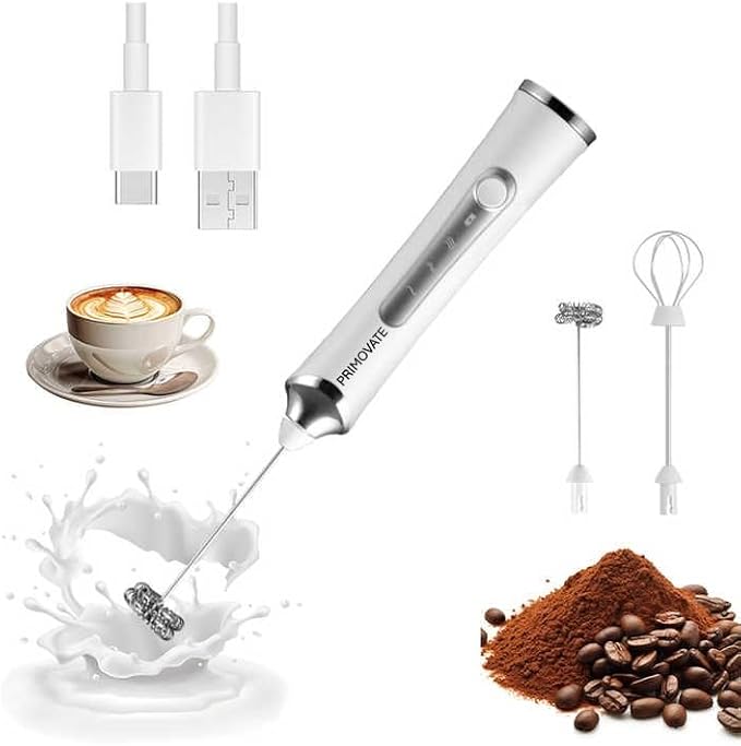 Rechargable Milk Frother, Handheld Drink Mixer with Whisk Attachment, 2025 upgraded powerfull 3 speed motor, Type C charging with charge light, with extra egg mix head (White with Stand)