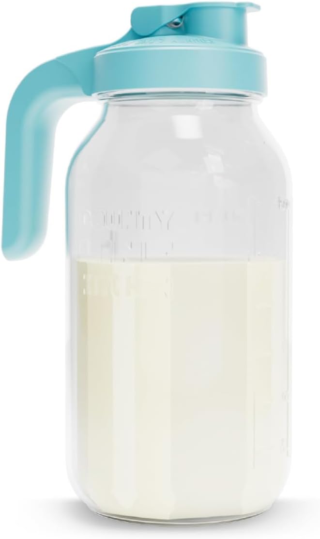 County Line Kitchen Glass Breast Milk Pitcher with Lid - Wide Mouth, 2 Quart (64 oz) - Heavy Duty, Leak Proof - Sun & Iced Tea Pitcher, Cold Brew Coffee, Breast Milk Storage, Water - Light Blue