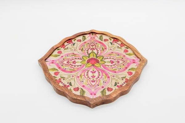 Handcrafted Wooden Decorative Platter – Round Floral Design Wooden Serving Tray, Candle Bowl, Dinner Plate, Trinket Tray & Coffee Table Décor 12 inch x 12 inch x 0.75 inch (Diamond Pink)