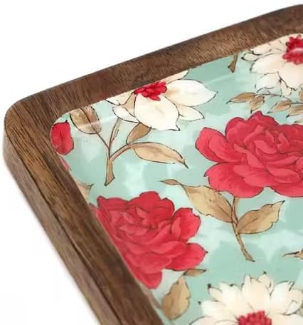 Handcrafted Square Wooden Decorative Tray – Floral Design Wooden Serving Plate, Snack Platter, Candle Bowl & Coffee Table Décor 6 inch x 6 inch x 0.75 inch (Square Floral)