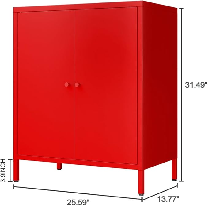 Small 2 Metal Storage Side Buffet Cabinet for Bed Room,Living Room,Entryway,Hallway,Home,Hotel,Office,Garage,Kitchen,1 Removable Shelf. (Metal Door, Red)