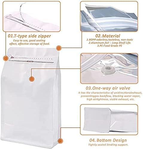 REMTAP Coffee Bags with Valve(50pcs,12 oz) white High Barrier Aluminumed Foil Flat Bottom Standing Coffee Beans Storage Bags,Reusable Heat Sealable Side Zipper Pouches for Home or Store