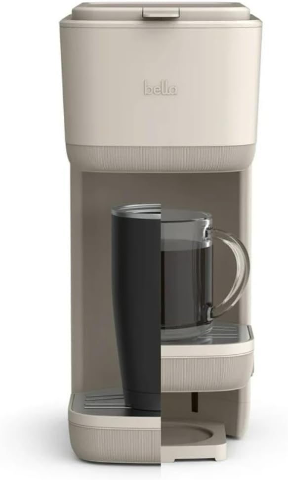 Single-Serve Bella Coffee Maker – Compact 6oz–14oz Brewer for Ground Coffee or Pods, One-Touch Operation, Adjustable Drip Tray, 35oz Water Tank, Travel Mug Friendly, Dishwasher-Safe Parts (Oatmilk)