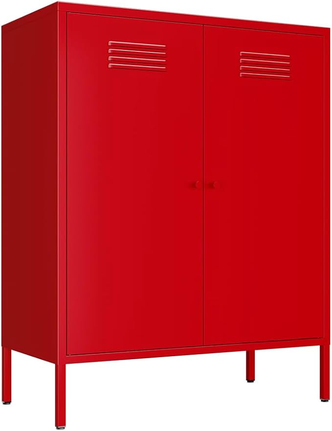 Red 2 Tier Metal Storage Cabinet with Legs, Small Accent Cabinet with Adjustable Shelf, Storage Side Table, 2 Door Storage Cabinet for Home, Office, Entryway, Kitchen,Bathroom,Dining Room