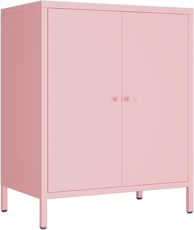 Small 2 Metal Storage Side Buffet Cabinet for Bed Room,Living Room,Entryway,Hallway,Home,Hotel,Office,Garage,Kitchen,1 Removable Shelf. (Metal Door, Pink)