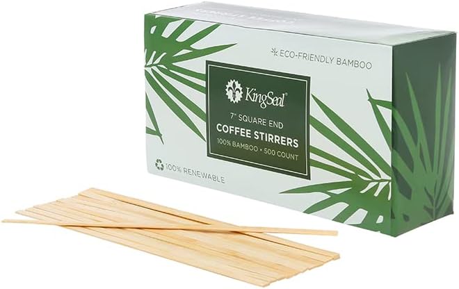 500 Count | KingSeal Bamboo Wood Coffee Stirrers, Square End, 7 inch Length, 100% Renewable and Biodegradable - 1 Box of 500