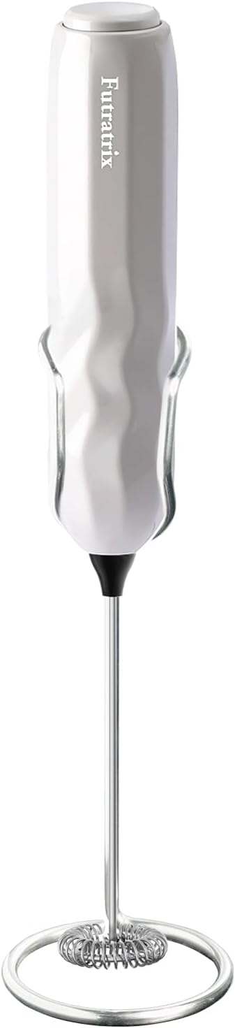Handheld Milk Frother, Fast Powerful Drink Mixer Battery operated with Stainless Steel Whisk for Coffee (White with Stand)